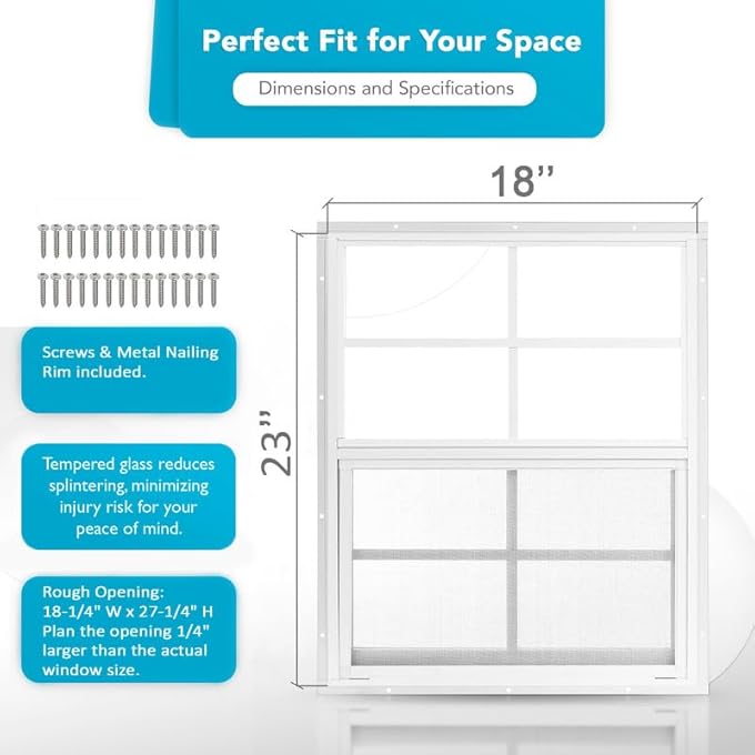 2 Pack Shed Window 18" X 23" - Ultra Thick White Aluminum Flush Mount With Tempered Glass And Screen - Shed Windows With Vertical Slider And Screws For Chicken Coop, Sheds, Barns, Playhouses - Image 2