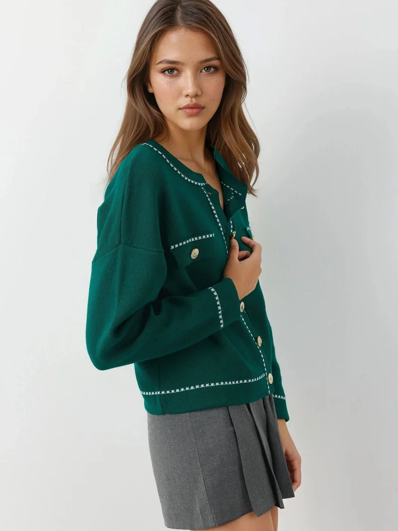 My Fashion Pine Green MY FASHION Ribbed Knit Cardigan with Button Closure for Women | Best Price UAE