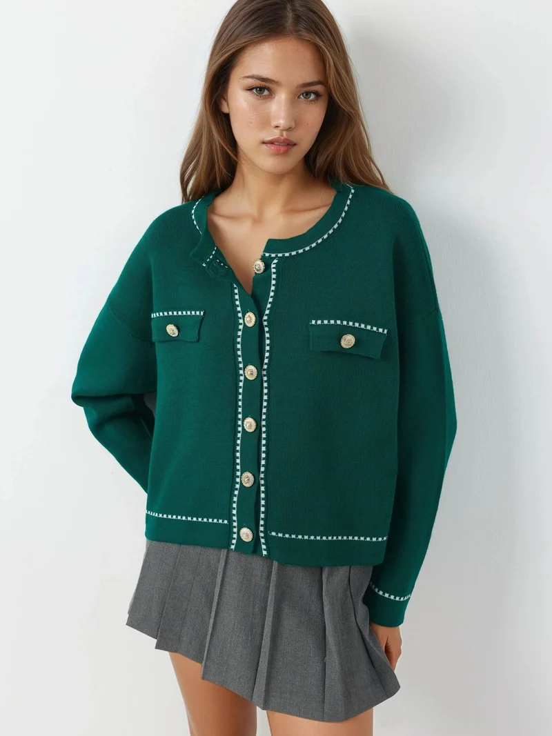 MY FASHION Ribbed Knit Cardigan with Button Closure