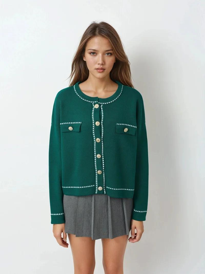 My Fashion Pine Green MY FASHION Ribbed Knit Cardigan with Button Closure for Women | Best Price UAE