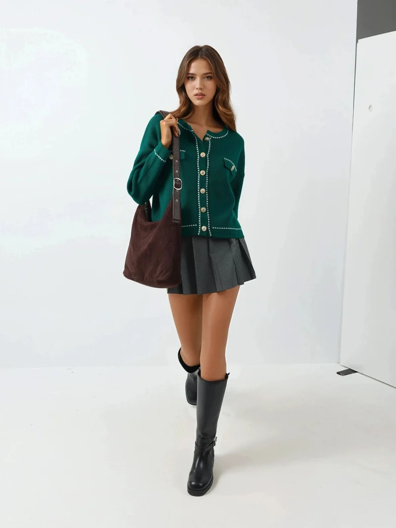 My Fashion Pine Green MY FASHION Ribbed Knit Cardigan with Button Closure for Women | Best Price UAE