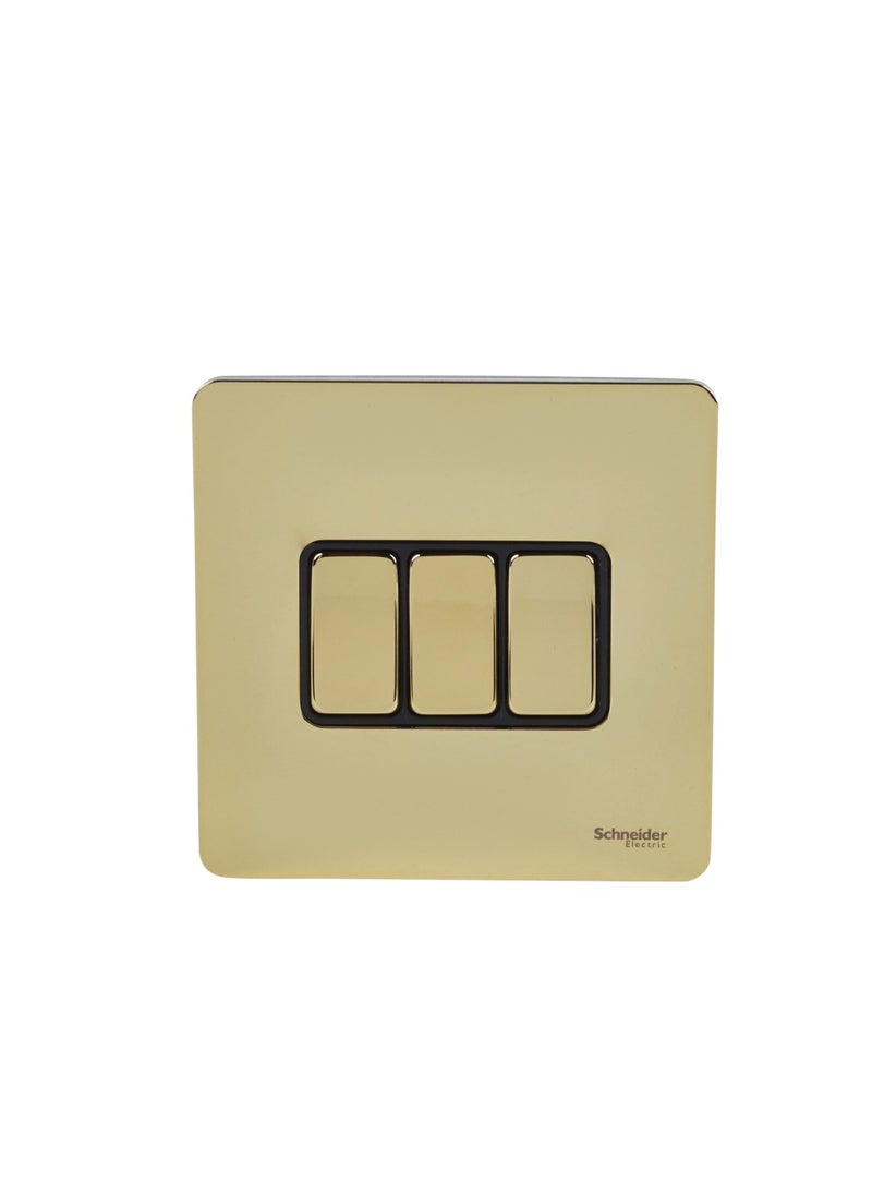 Schneider Electric Schneider Electric GU1432BPB 3 Gang 1-Pole 2-Way Ultimate Screwless Flat Plate Switch, Polished Brass with Black Interior 