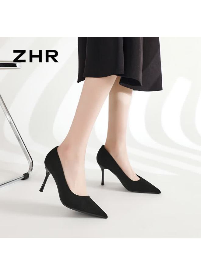 Zhr Zese Women's High Heels French Style Elegant Low-cut Single Shoes Graceful Commuting Stiletto Pointed Toe Ie07 Black Size 37 - Image 1
