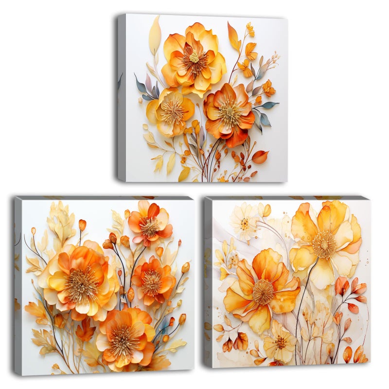 AIYISU Orange Wall Art Floral Pictures Wall Decor for Bathroom Abstract Wildflower Canvas Prints Nature Poppy Flowers Painting Botanical Plant Artwork for Living Room Bedroom Home Decorations 12x12"" 3 Pcs - Image 1