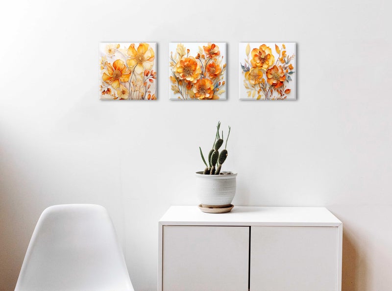 AIYISU Orange Wall Art Floral Pictures Wall Decor for Bathroom Abstract Wildflower Canvas Prints Nature Poppy Flowers Painting Botanical Plant Artwork for Living Room Bedroom Home Decorations 12x12"" 3 Pcs - Image 2