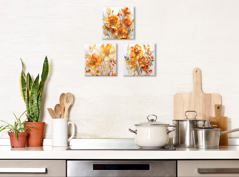 AIYISU Orange Wall Art Floral Pictures Wall Decor for Bathroom Abstract Wildflower Canvas Prints Nature Poppy Flowers Painting Botanical Plant Artwork for Living Room Bedroom Home Decorations 12x12"" 3 Pcs - Image 3