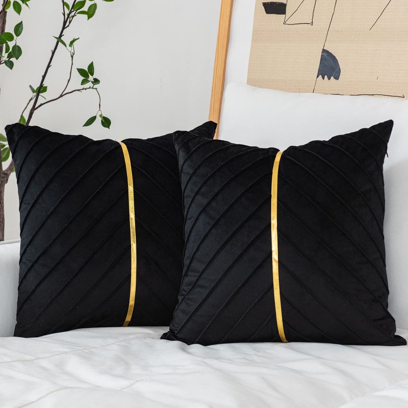 WACOMECO Velvet Throw Pillow Covers Pack of 2 Soft Gold Decorative Cushion Covers for Couch Sofa Living Room Home Decoration Black 18x18 inch - Image 2