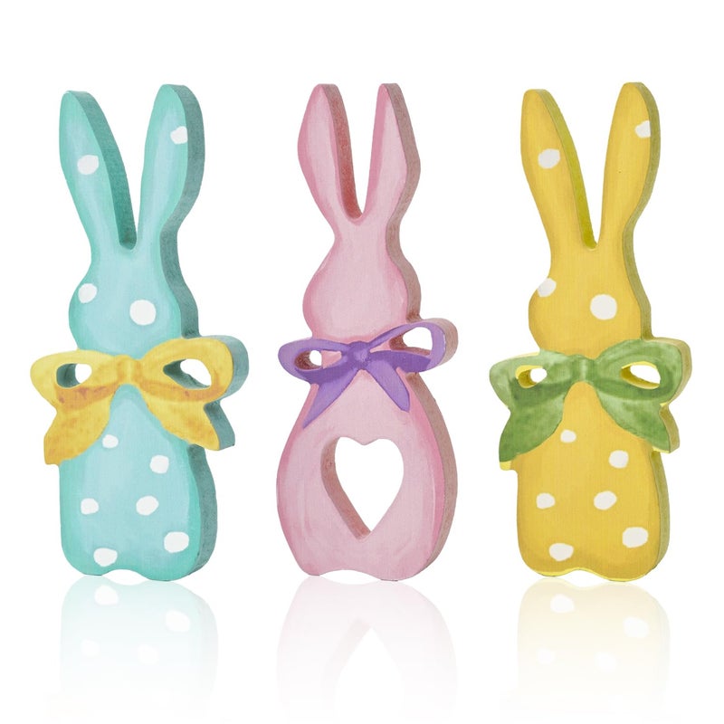 Sm:)e Smile Wooden Easter Bunny Block Decor Set - 3-Piece Pastel Polka Dot Bunny with Bow Design, Tabletop Shelf Accents for Spring Holiday Home Decoration - Image 1