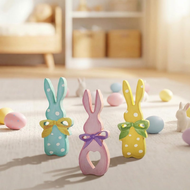 Sm:)e Smile Wooden Easter Bunny Block Decor Set - 3-Piece Pastel Polka Dot Bunny with Bow Design, Tabletop Shelf Accents for Spring Holiday Home Decoration - Image 5