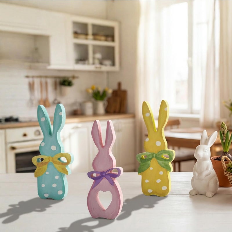 Sm:)e Smile Wooden Easter Bunny Block Decor Set - 3-Piece Pastel Polka Dot Bunny with Bow Design, Tabletop Shelf Accents for Spring Holiday Home Decoration - Image 3