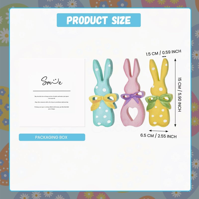Sm:)e Smile Wooden Easter Bunny Block Decor Set - 3-Piece Pastel Polka Dot Bunny with Bow Design, Tabletop Shelf Accents for Spring Holiday Home Decoration - Image 2
