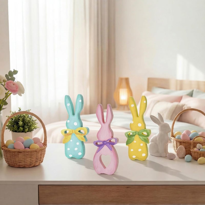 Sm:)e Smile Wooden Easter Bunny Block Decor Set - 3-Piece Pastel Polka Dot Bunny with Bow Design, Tabletop Shelf Accents for Spring Holiday Home Decoration - Image 4