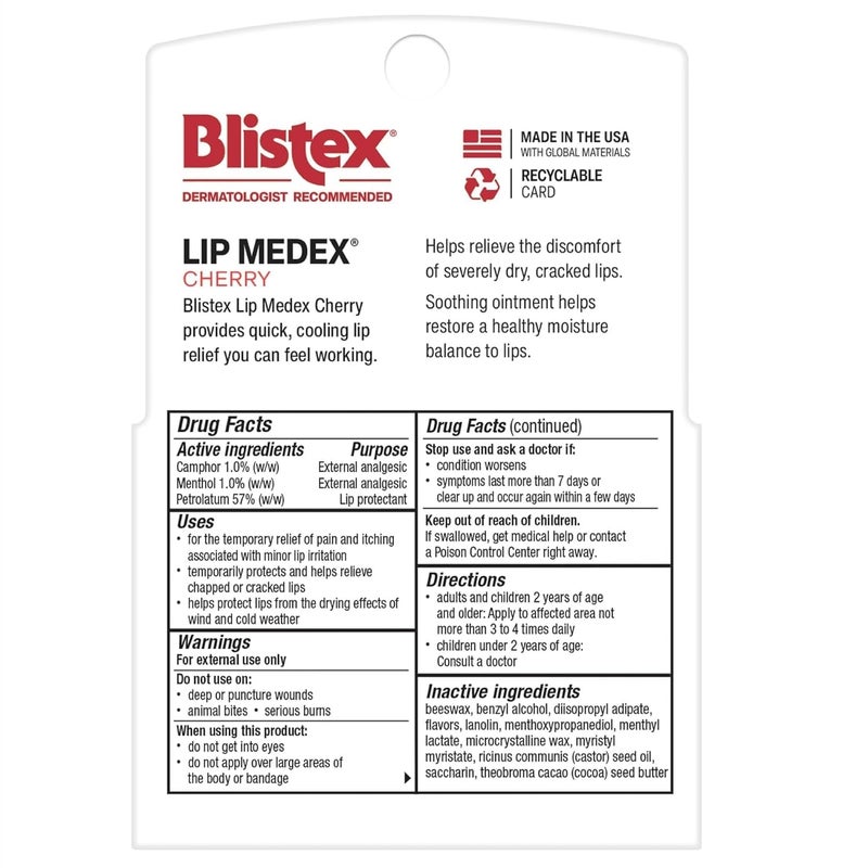Blistex Lip Medex Cherry 2 Count, 0.35 oz Advanced Hydration, Medicated Relief with Cooling, Soothes & Protects, Restores Healthy Moisture to Lips, Stocking Stuffer for Holiday, Christmas - Image 2