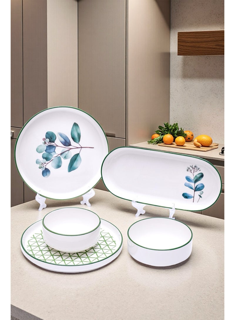 Noon East 14 Piece Porcelain Breakfast Set | Serves 6 | 6 Salad Plates, 2 Oval Plates, 4 Small Bowls, 2 Big Bowls | Dishwasher and Microwave Safe | Green Leaf Pattern Design - Image 4