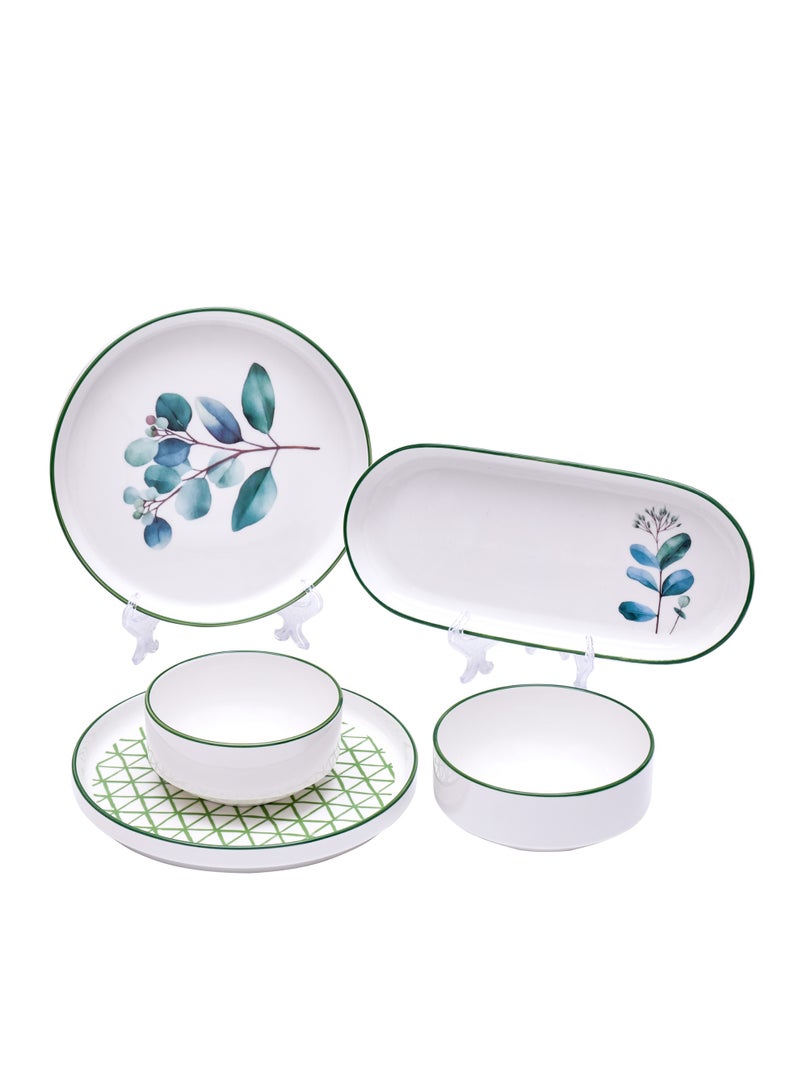 Noon East 14 Piece Porcelain Breakfast Set | Serves 6 | 6 Salad Plates, 2 Oval Plates, 4 Small Bowls, 2 Big Bowls | Dishwasher and Microwave Safe | Green Leaf Pattern Design - Image 5