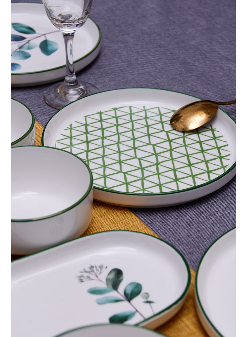 Noon East 14 Piece Porcelain Breakfast Set | Serves 6 | 6 Salad Plates, 2 Oval Plates, 4 Small Bowls, 2 Big Bowls | Dishwasher and Microwave Safe | Green Leaf Pattern Design - Image 2