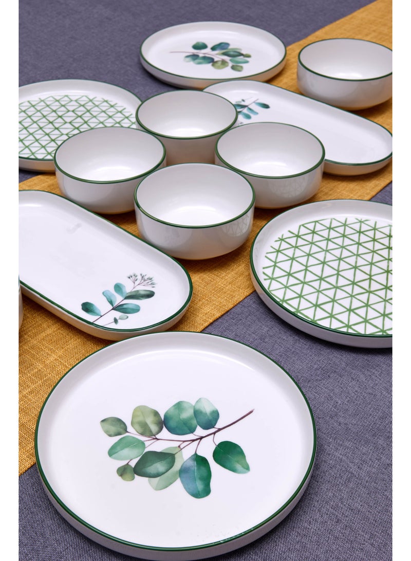 Noon East 14 Piece Porcelain Breakfast Set | Serves 6 | 6 Salad Plates, 2 Oval Plates, 4 Small Bowls, 2 Big Bowls | Dishwasher and Microwave Safe | Green Leaf Pattern Design - Image 3