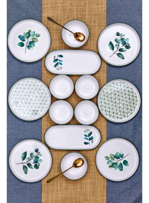 14 Piece Porcelain Breakfast Set | Serves 6 | 6 Salad Plates, 2 Oval Plates, 4 Small Bowls, 2 Big Bowls | Dishwasher and Microwave Safe | Green Leaf Pattern Design