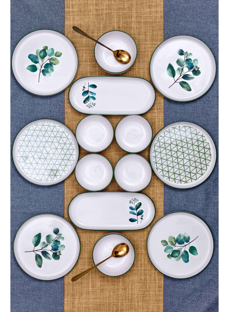 Noon East 14 Piece Porcelain Breakfast Set | Serves 6 | 6 Salad Plates, 2 Oval Plates, 4 Small Bowls, 2 Big Bowls | Dishwasher and Microwave Safe | Green Leaf Pattern Design - Image 1
