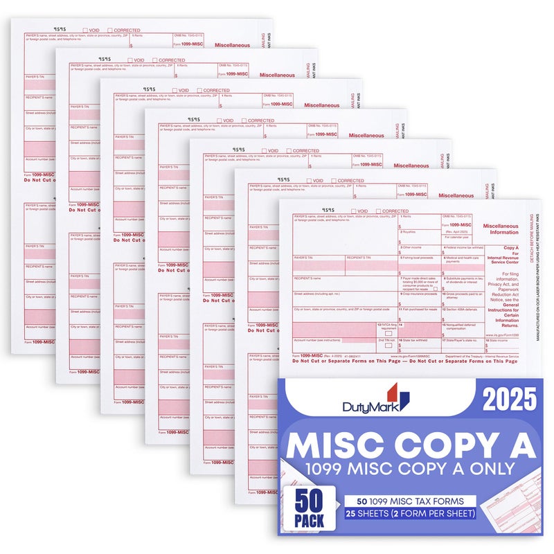 Dutymark 50 1099 MISC Copy A 2025 Tax Federal Income Form, 50 Laser Tax recipients Pack, (25 Sheets) Compatible with QuickBooks and Accounting Software - Image 1