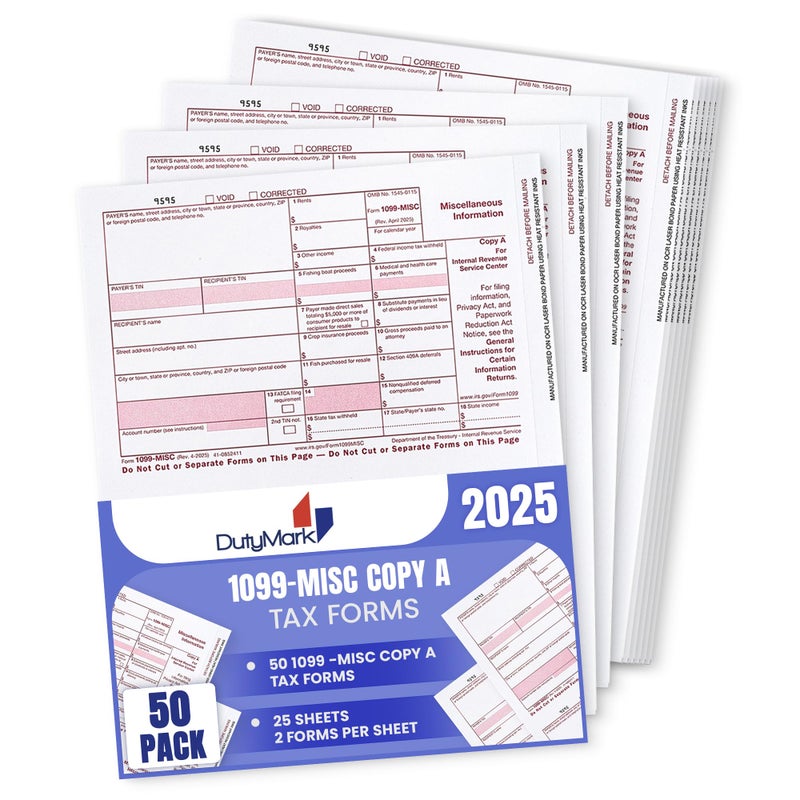 Dutymark 50 1099 MISC Copy A 2025 Tax Federal Income Form, 50 Laser Tax recipients Pack, (25 Sheets) Compatible with QuickBooks and Accounting Software - Image 4
