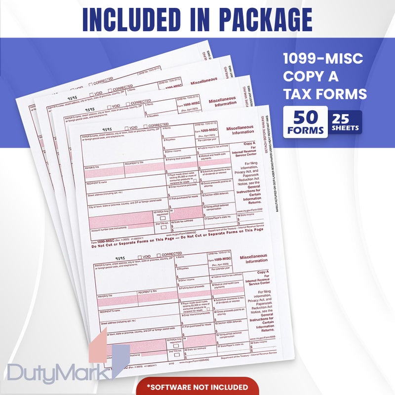 Dutymark 50 1099 MISC Copy A 2025 Tax Federal Income Form, 50 Laser Tax recipients Pack, (25 Sheets) Compatible with QuickBooks and Accounting Software - Image 2