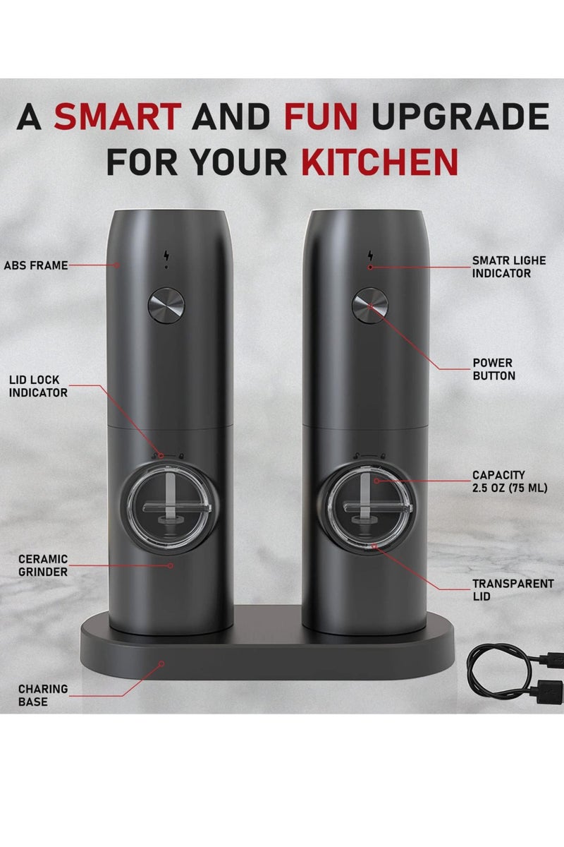 WENTCCION Electric Salt and Pepper Grinder Set of 2, Automatic Pepper Mill,USB Rechargeable, Adjustable Coarseness, One-handed Operation, Ceramic Burr, Refillable, Auto Grinders with Charging Base LED Light - Image 4