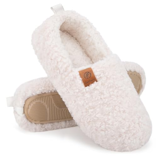 EverFoams Women’s Soft Curly Full Slippers Memory Foam Lightweight House Shoes Cozy Loafer with Polar Fleece Lining Cream White,8.5 US - Image 1