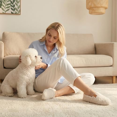 EverFoams Women’s Soft Curly Full Slippers Memory Foam Lightweight House Shoes Cozy Loafer with Polar Fleece Lining Cream White,8.5 US - Image 2