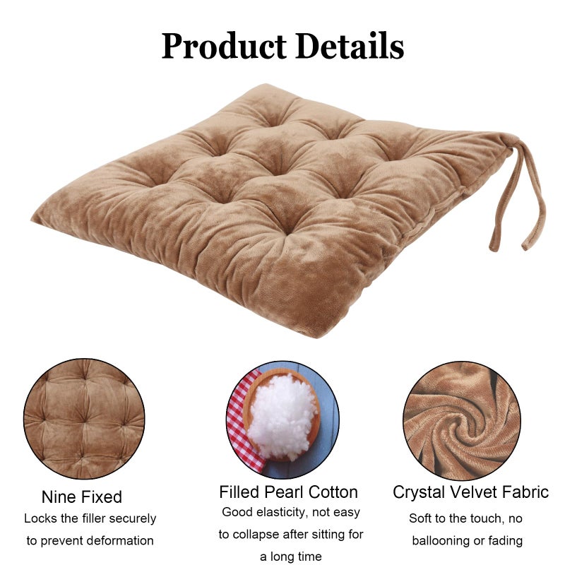 MissSoul 2 Pack Square Seat Cushion Chair Pads for Kitchen Dining Chairs  Soft Comfort Velvet Chair Mat Pillow Cushions with Ties for Office Desk Living Room Tatami 15.5 ""  Khaki - Image 2