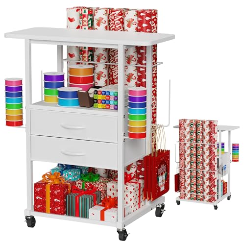 Jchccu Wrapping Paper Storage Cart with 12 Rolls Wrapping Paper Organizer Holder Rolling Craft Cart with 2 Fabric Drawer Gift Wrapping Station with 4 Hooks Storage Ribbons and Gift Bags Spave Saving - Image 1