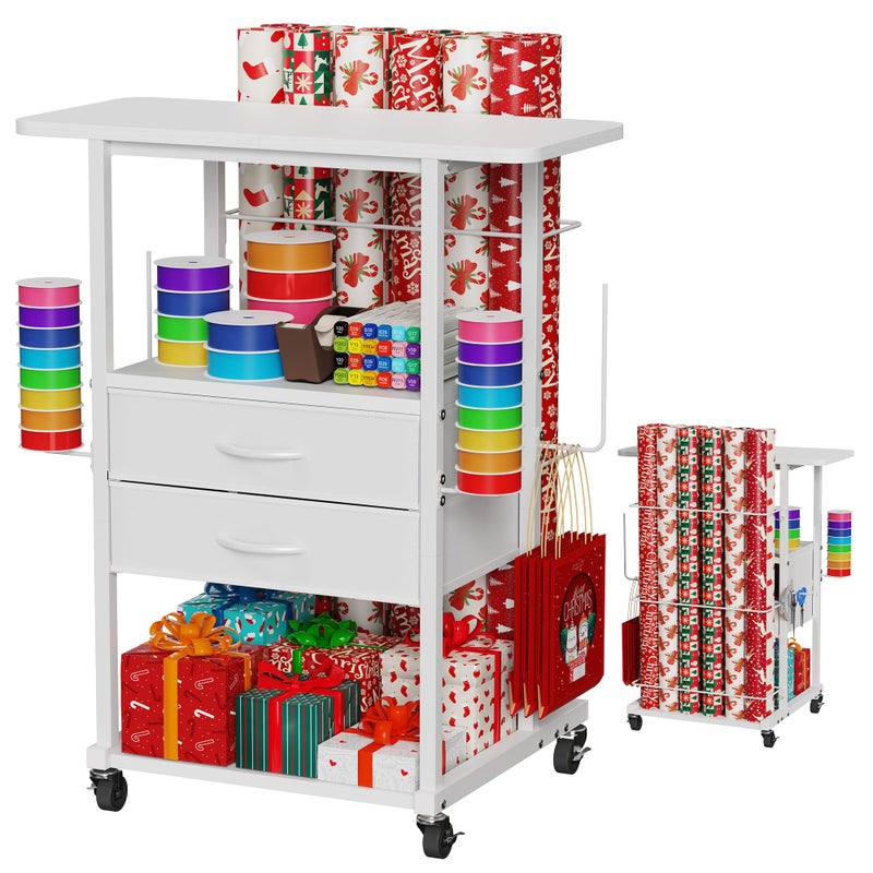 Jchccu Wrapping Paper Storage Cart with 12 Rolls Wrapping Paper Organizer Holder Rolling Craft Cart with 2 Fabric Drawer Gift Wrapping Station with 4 Hooks Storage Ribbons and Gift Bags Spave Saving - Image 2