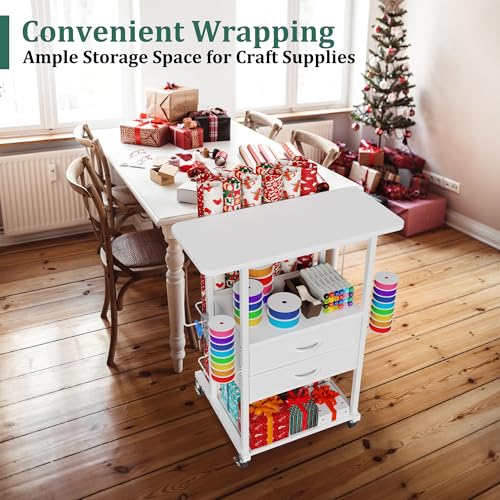 Jchccu Wrapping Paper Storage Cart with 12 Rolls Wrapping Paper Organizer Holder Rolling Craft Cart with 2 Fabric Drawer Gift Wrapping Station with 4 Hooks Storage Ribbons and Gift Bags Spave Saving - Image 3