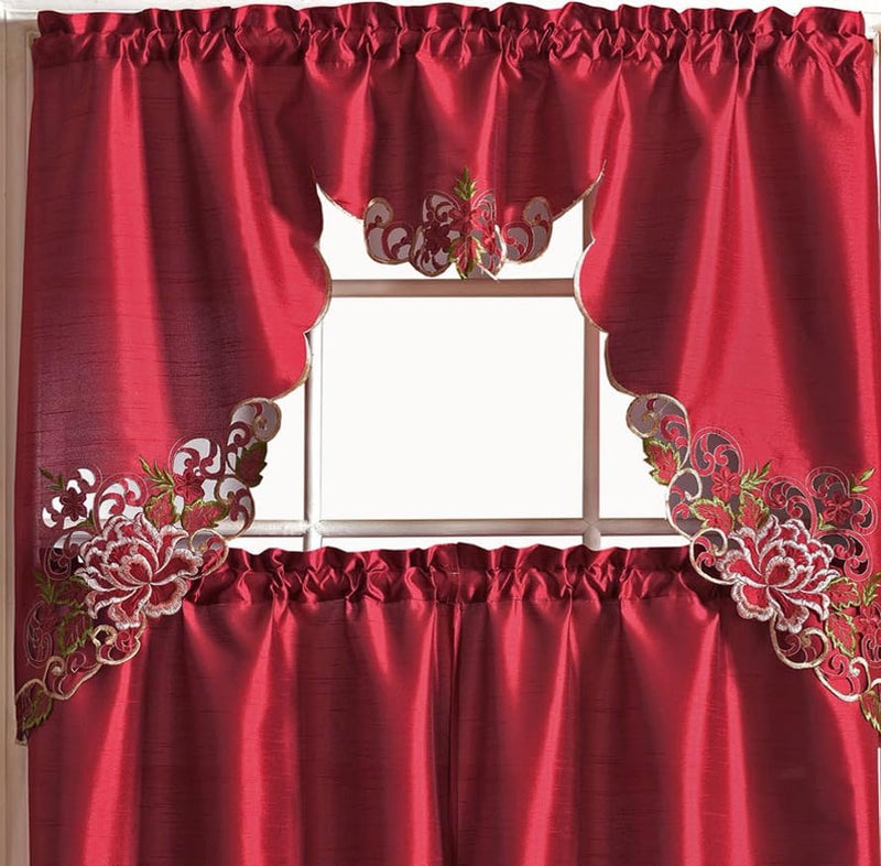 GOHD Golden Ocean Home Decor GOHD Passionate Bloom Kitchen Curtain Swag Valance and Tier Set Nice Embroidery on Faux Silk Fabric with cutworks Burgundy