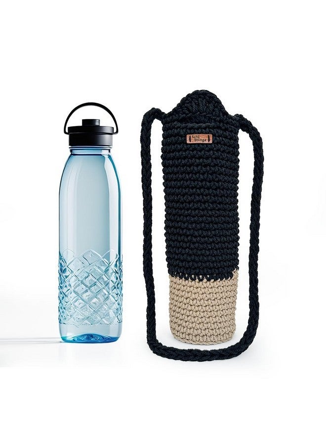 Kind Strings Crochet Sling Bottle Bag Handmade Cotton Water & Wine Bottle Holder (1 Litre) Eco-Friendly Reusable Gift Bag for Travel, Office, Picnic, Gym Black & Jute - Image 1