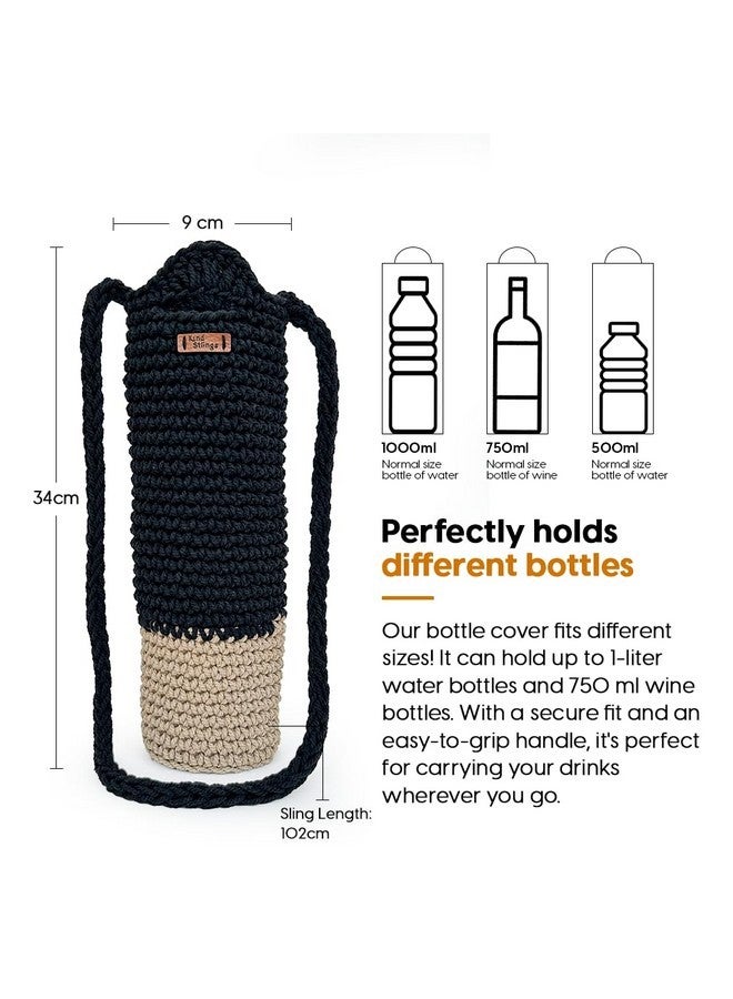 Kind Strings Crochet Sling Bottle Bag Handmade Cotton Water & Wine Bottle Holder (1 Litre) Eco-Friendly Reusable Gift Bag for Travel, Office, Picnic, Gym Black & Jute - Image 2