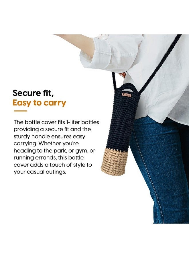 Kind Strings Crochet Sling Bottle Bag Handmade Cotton Water & Wine Bottle Holder (1 Litre) Eco-Friendly Reusable Gift Bag for Travel, Office, Picnic, Gym Black & Jute - Image 5