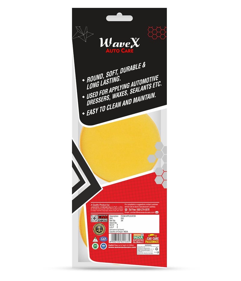 Wavex Ultrafine Foam Sponge Applicator for Car Wax, Dashboard Dressing, Tyre Dressing and many more (Pack of 2 Yellow 1 Black) - Image 2