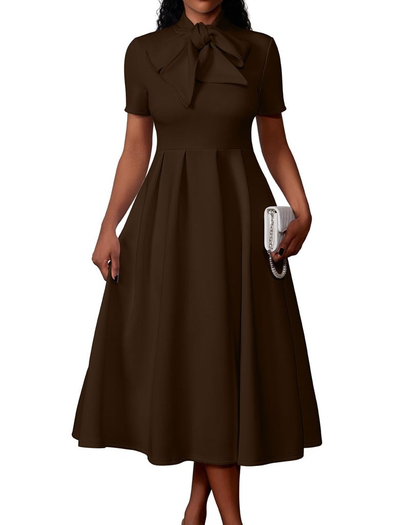 Memoriesea Women's Elegant Casual Short Sleeve Work Party A-Line Dress with Pockets Brown - Image 1