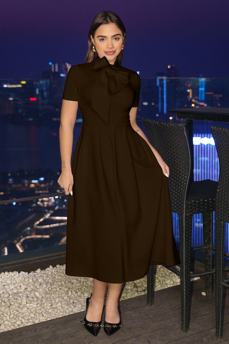 Memoriesea Women's Elegant Casual Short Sleeve Work Party A-Line Dress with Pockets Brown - Image 2