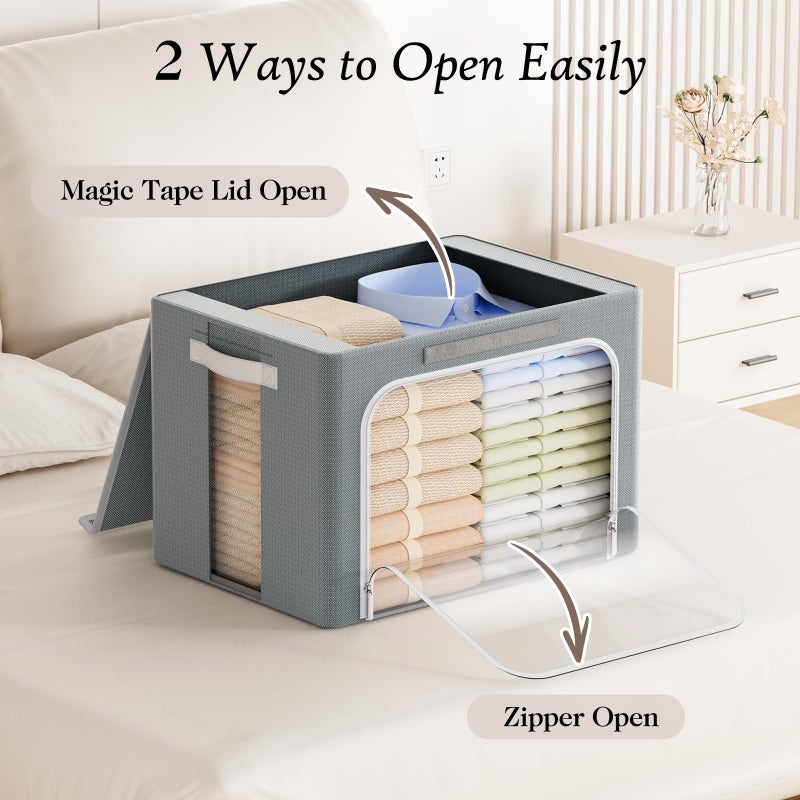 Yecaye Clothes Storage Bins with Metal Frame, 40L Foldable Clothing Storage Bins with Lid, Stackable Zippered Clothes Storage Bags, Oxford Fabric Organizer Box With Clear Windowï¼† PU Leather Handles - Image 4