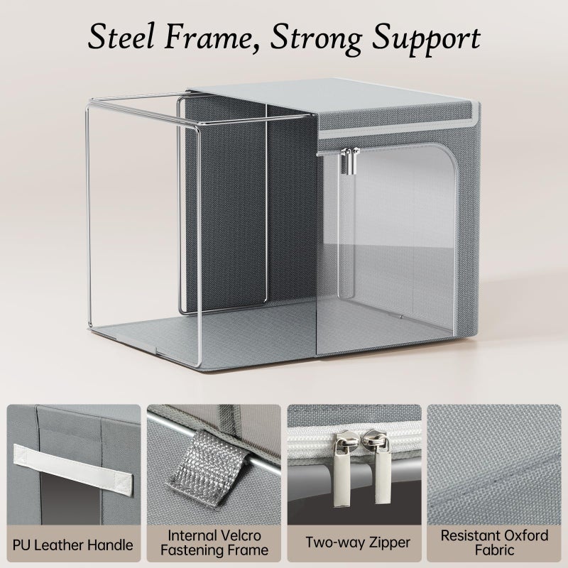 Yecaye Clothes Storage Bins with Metal Frame, 40L Foldable Clothing Storage Bins with Lid, Stackable Zippered Clothes Storage Bags, Oxford Fabric Organizer Box With Clear Windowï¼† PU Leather Handles - Image 3