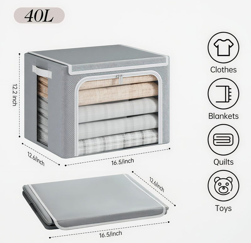 Yecaye Clothes Storage Bins with Metal Frame, 40L Foldable Clothing Storage Bins with Lid, Stackable Zippered Clothes Storage Bags, Oxford Fabric Organizer Box With Clear Windowï¼† PU Leather Handles - Image 2