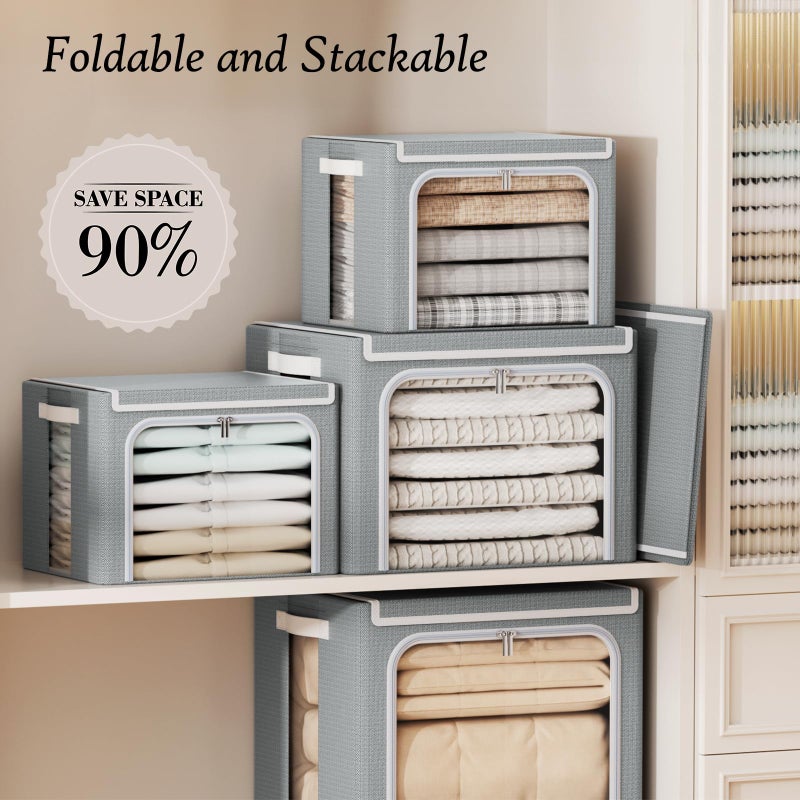 Yecaye Clothes Storage Bins with Metal Frame, 40L Foldable Clothing Storage Bins with Lid, Stackable Zippered Clothes Storage Bags, Oxford Fabric Organizer Box With Clear Windowï¼† PU Leather Handles - Image 5