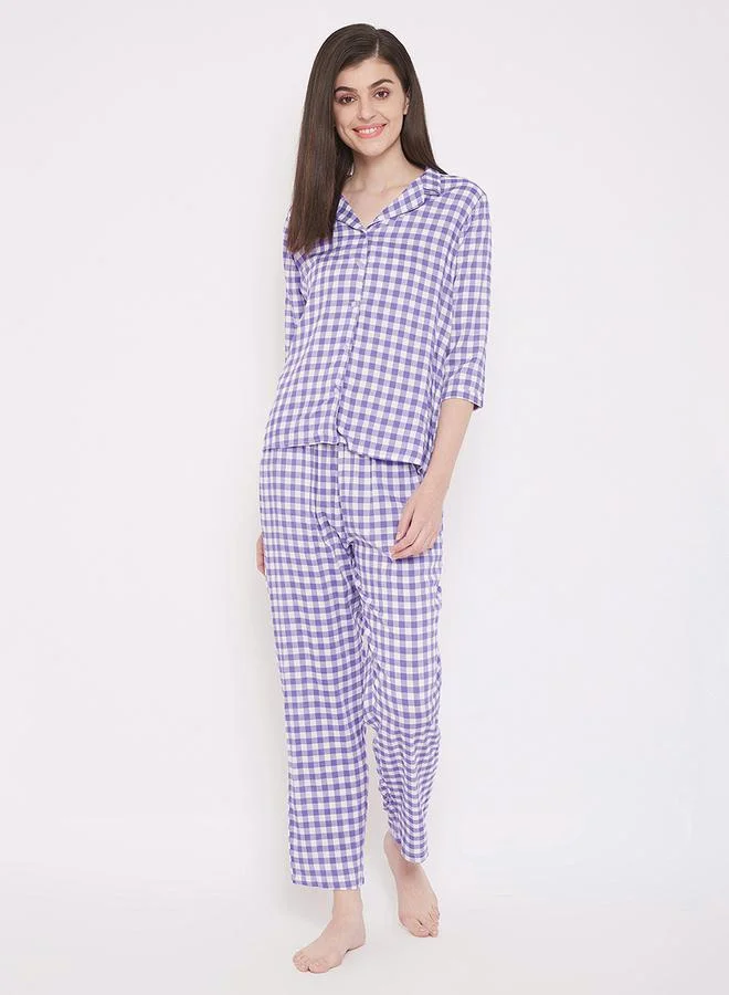 Clovia Gingham Check Button Down Shirt & Pyjama Set by Styli