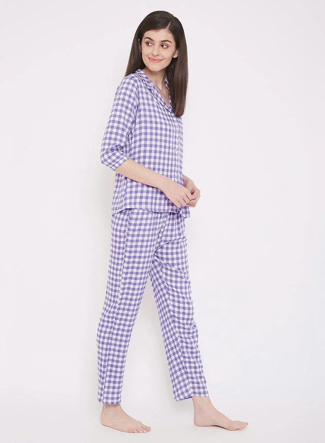 Clovia Gingham Check Button Down Shirt & Pyjama Set by Styli
