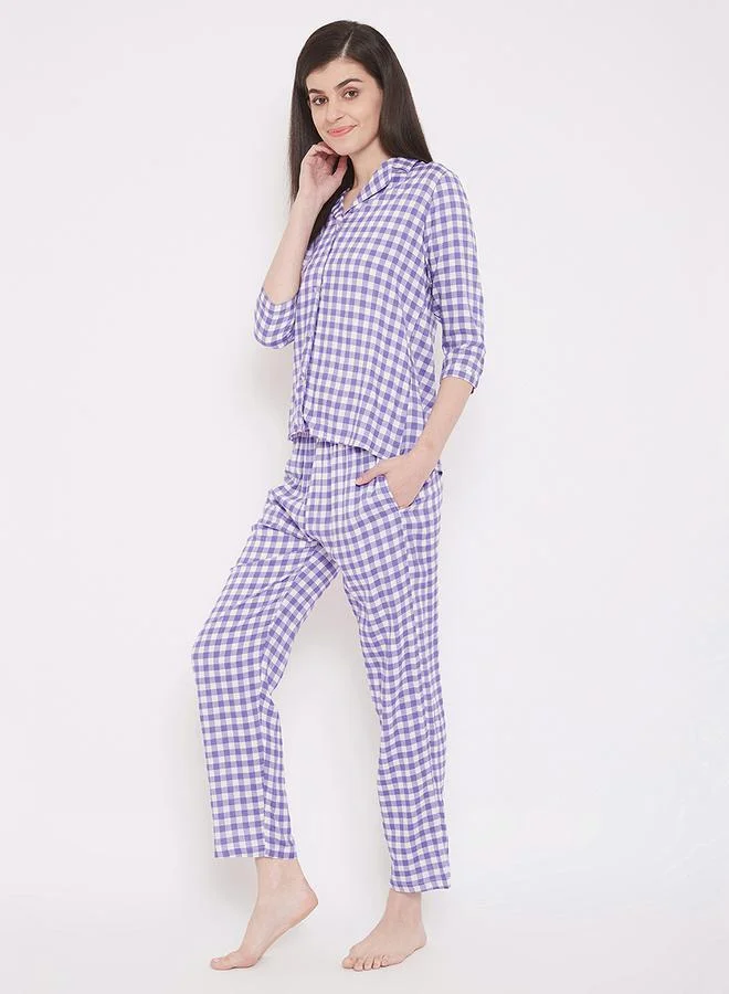 Clovia  Gingham Check Button Down Shirt & Pyjama Set by Styli for Women | Best Price UAE