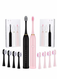 Sonic Rechargeable Toothbrush with 2 Minute Timer for Effective Oral Care and Whitening Includes 8 Replacement Brush Heads in Pink and Black for Adults and Kids