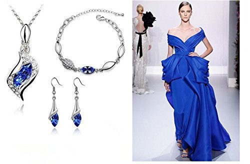 GracesDawn Graces Dawn® Beautiful Cubic Zirconia with Platinum Plated Chain Necklace Angel Elf Pendant Mosaic crystal Necklace bracelet and earrings set Necklace 18" (Royal blue) - Image 3