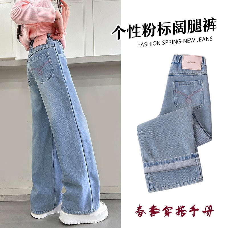 Girls' New Jeans Korean Style Children'S Pants Large Children'S Girls Trousers Children'S Labeling Denim Wide Leg Pants - Image 4